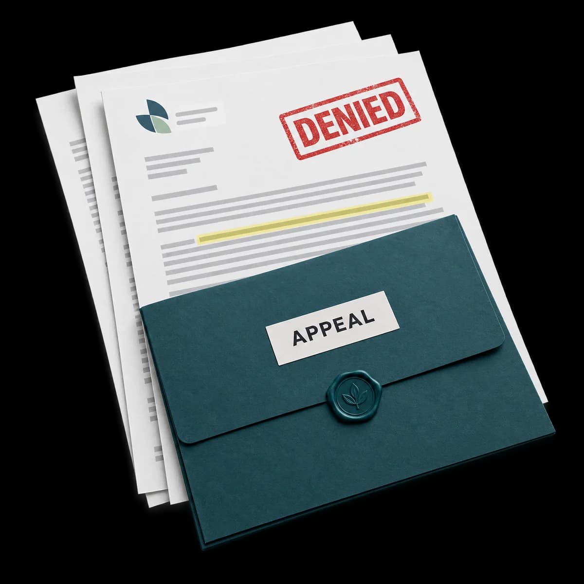An insurance denial letter stamped DENIED, with a sealed teal folder labeled APPEAL laid across it.